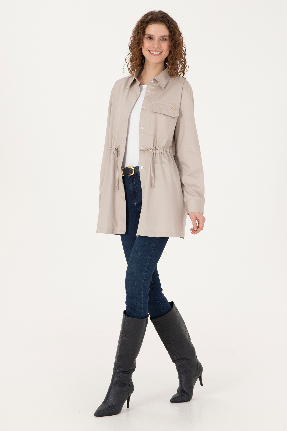 U.S. Polo Assn.  Kadın Taş Belden Büzgülü Uzun Kollu Gömlek 50316423-VR049 - Görsel 4