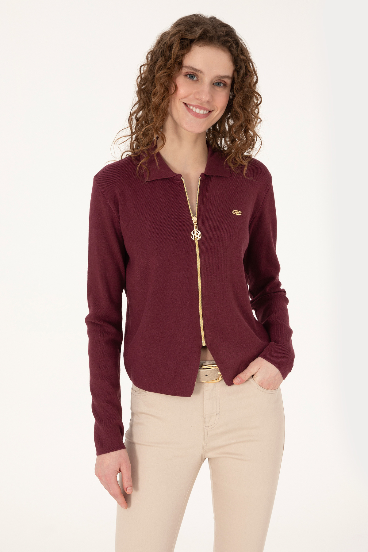 U.S. Polo Assn. Kadın Bordo Fermuarlı Polo Yaka Triko Hırka 50317375-VR177 görsel 3