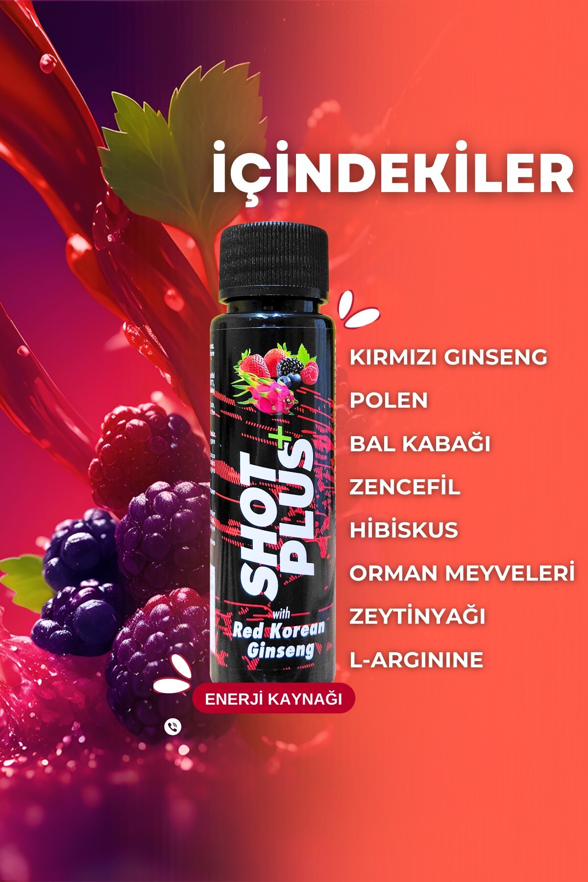 SHOT PLUS KIRMIZI GİNSENGLİ KARIŞIK MEYVE AROMALI İÇECEK 54 ML 12