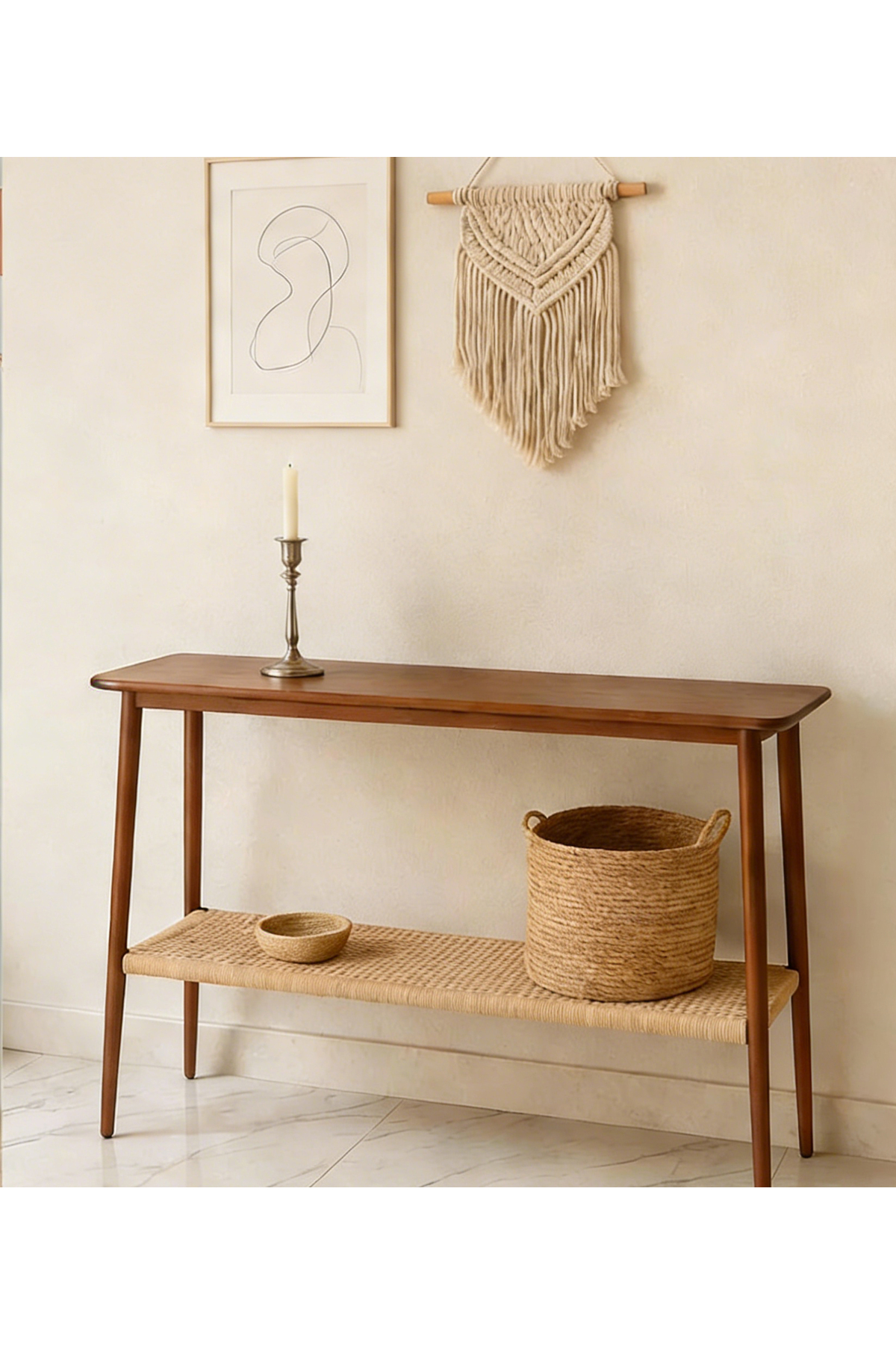 طاولة جانبية خشبية بأرفف منسوجة، أبعادها 121×41×76...
