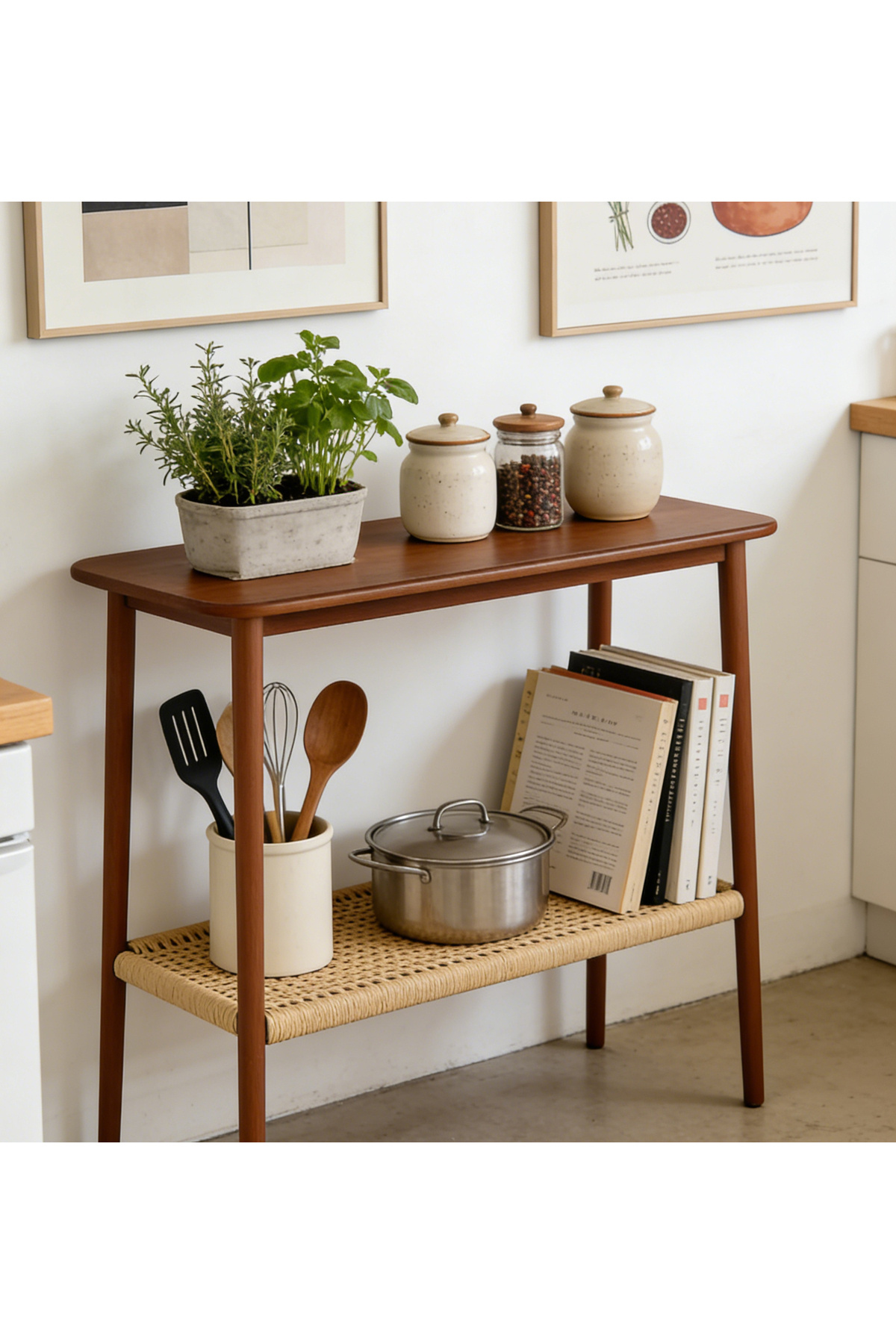 طاولة جانبية خشبية بأرفف منسوجة، أبعادها 121×41×76...