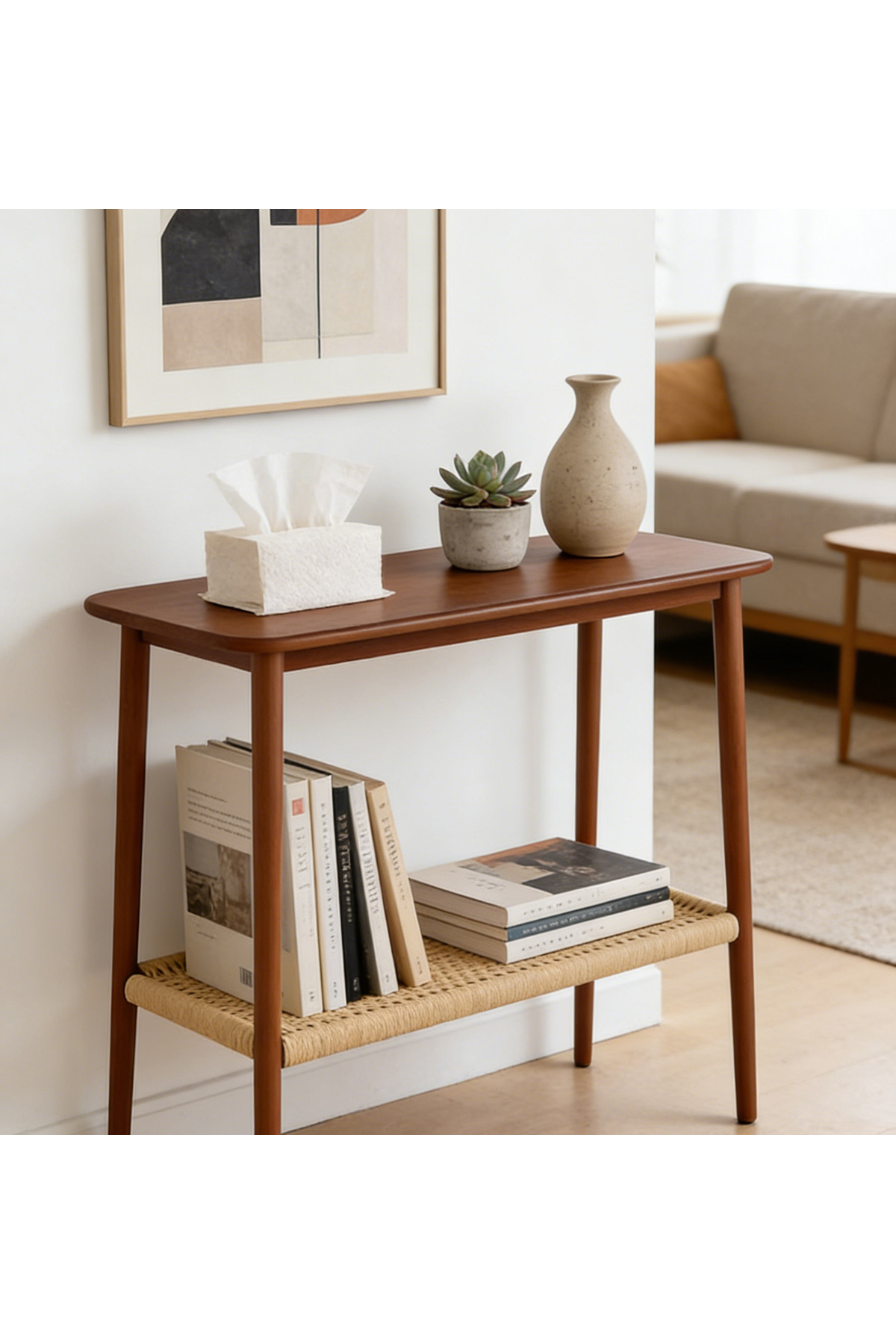 طاولة جانبية خشبية بأرفف منسوجة، أبعادها 121×41×76...