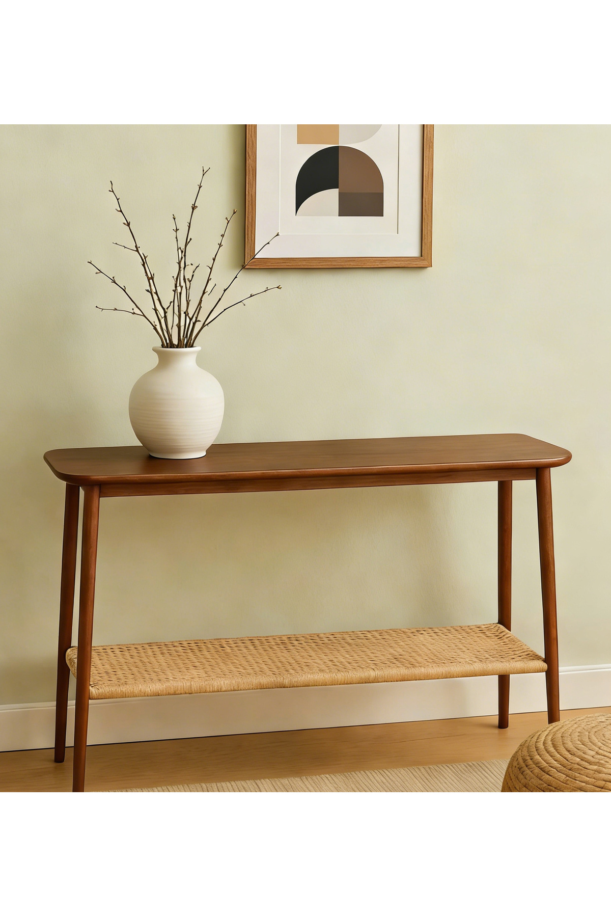 طاولة جانبية خشبية بأرفف منسوجة، أبعادها 121×41×76...