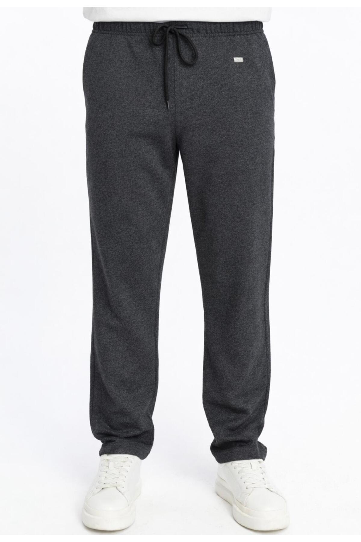 Men's Anthracite Melange Flat Leg with 2 Yarn Pockets Tracksuit Bottom with Back Pockets -P490