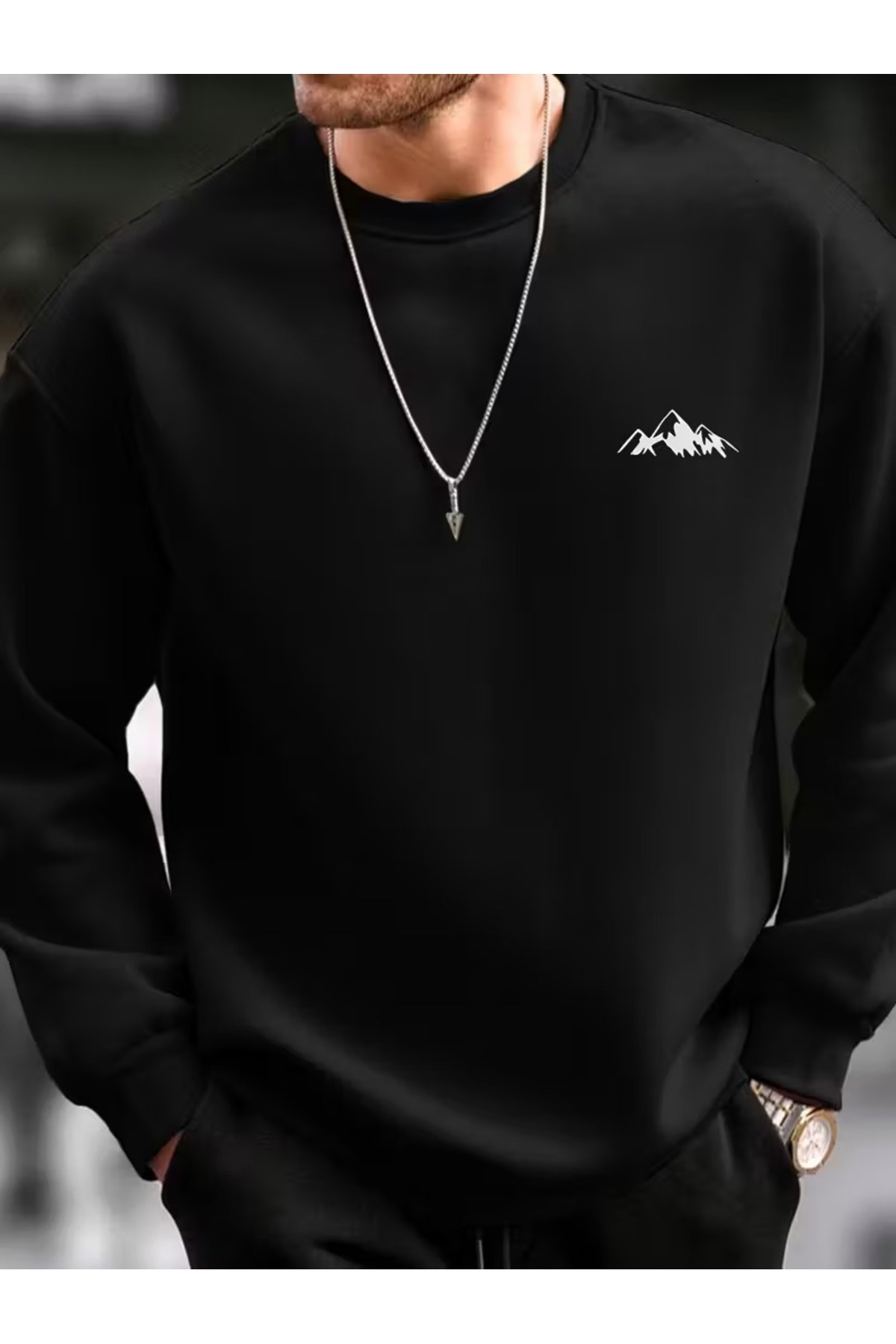 JENOLAN Men's Minimal Dağ Printed Black Gray Oversized Sweatshirt