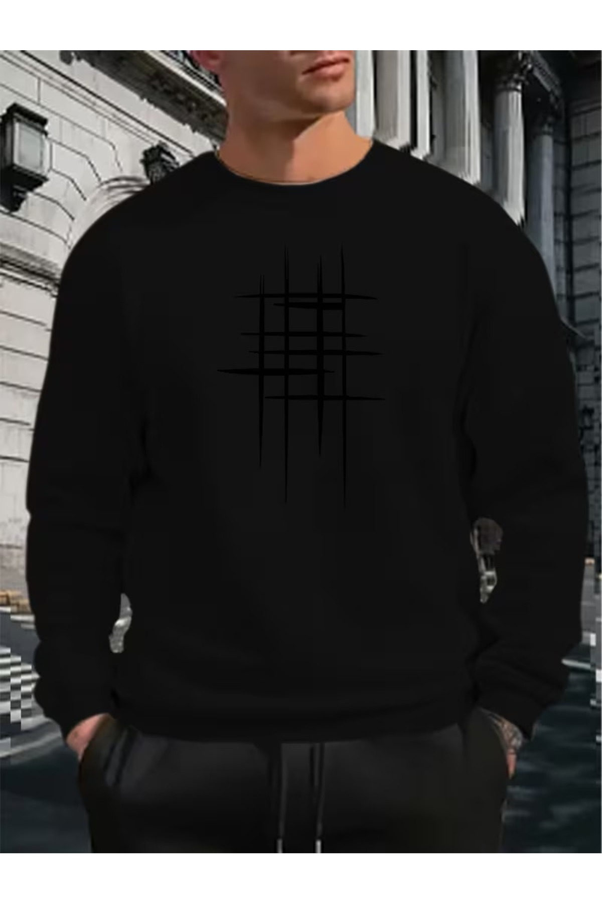 JENOLAN Men's Stripe Printed Crew Neck Black Gray Oversized Sweatshirt