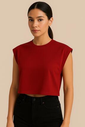 ALPİNGOMOU Kadın Kolsuz Basic Crop T-Shirt Bisiklet Yaka Rahat Kesim