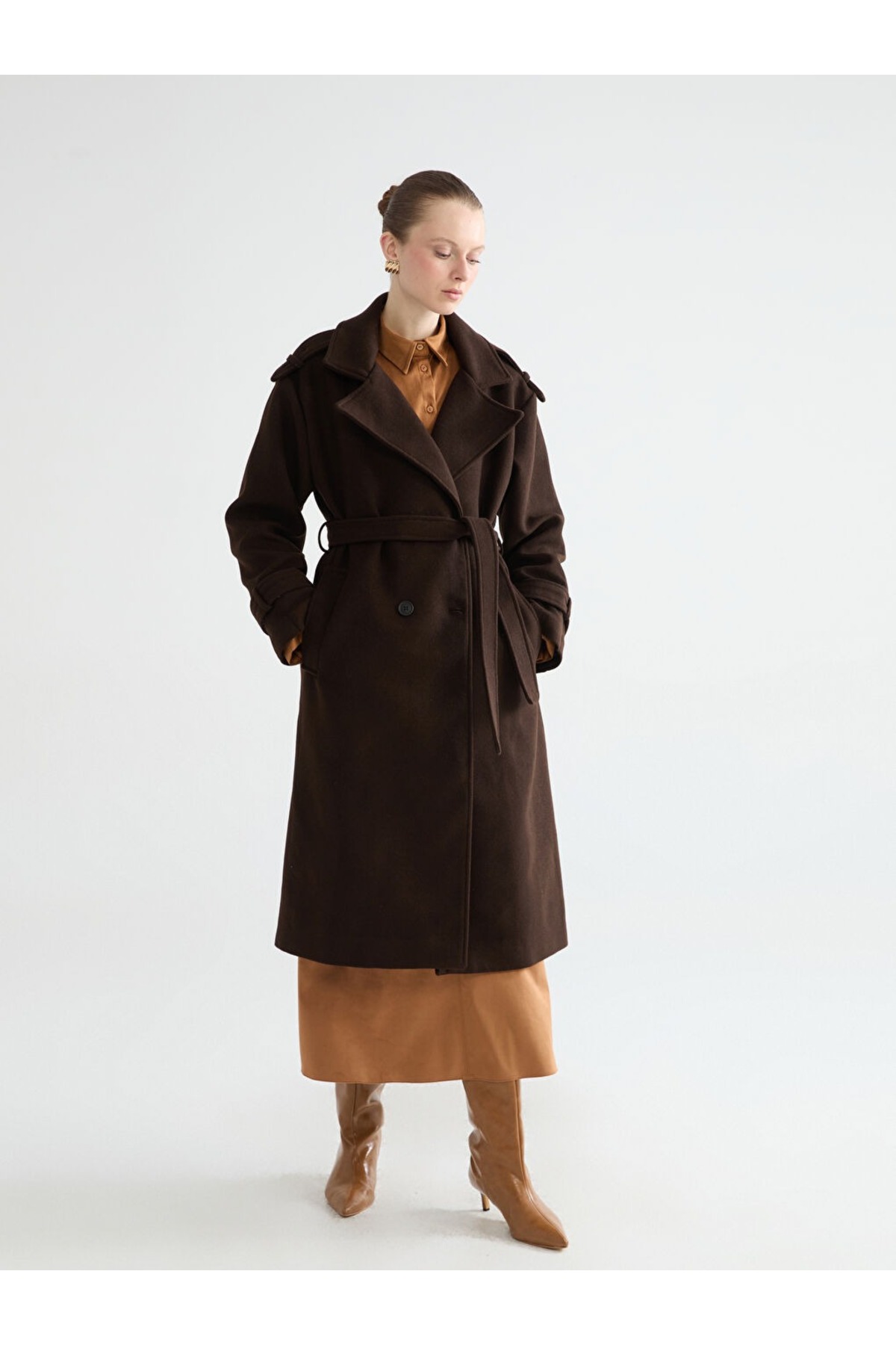 Paragon  Kadın Tesettür Acı kahve Kaşe Kaban Uzun Kışlık Kuşaklı Şık Palto Mont - Görsel 3