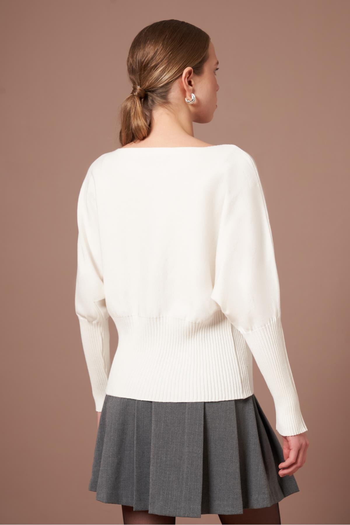 FTZ WOMEN  Kadın Beyoğlu İşlemeli Yarasa Kol Kazak Ekru 25017 - Görsel 6