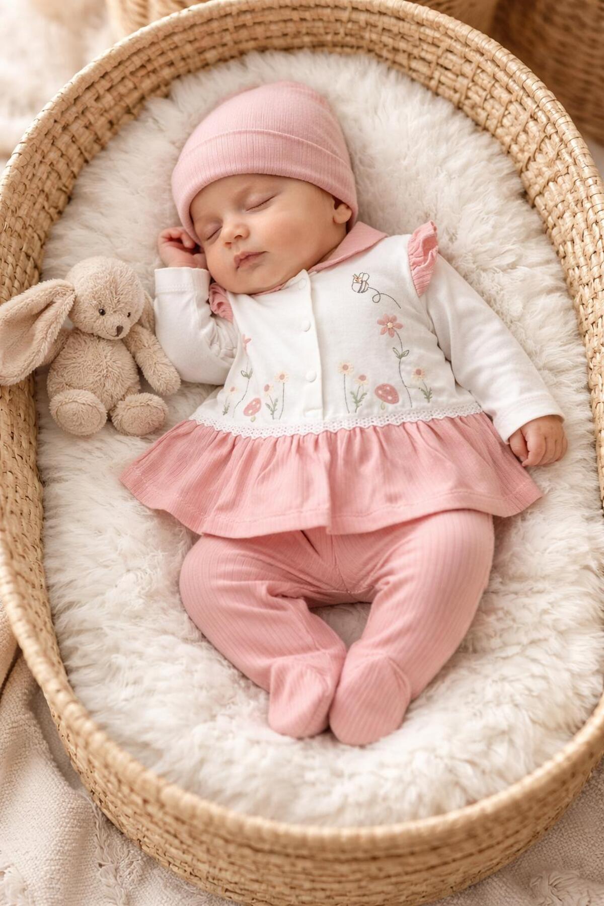 BYS BABY FASHION 5 Parça %100 Pamuk Çiçek ve Mantar İşlemeli Yenidoğan Kız Bebek Hastane Çıkış Seti (Kutulu) 0-3 ay fotoğrafı 5 (önizleme)
