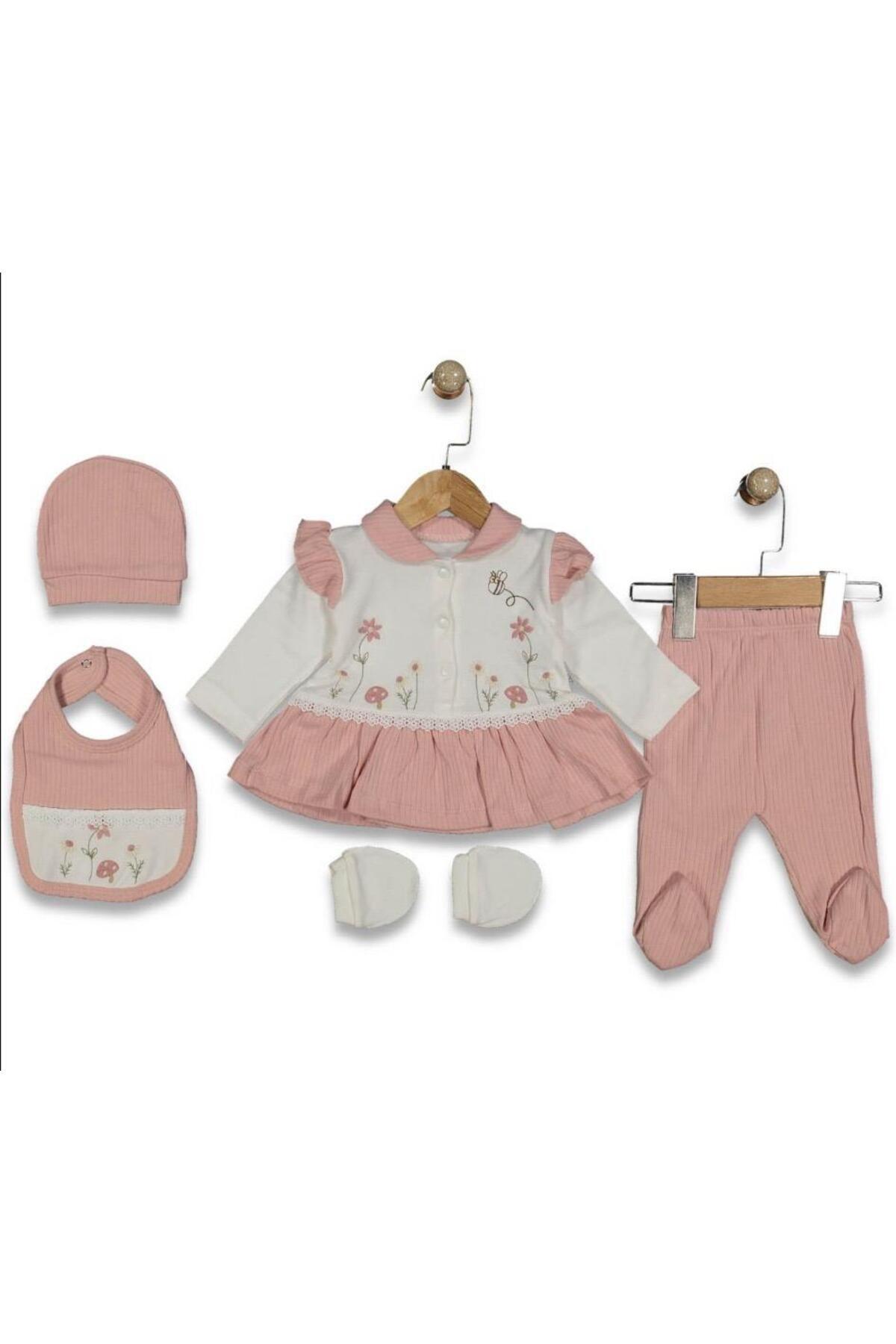 BYS BABY FASHION 5 Parça %100 Pamuk Çiçek ve Mantar İşlemeli Yenidoğan Kız Bebek Hastane Çıkış Seti (Kutulu) 0-3 ay fotoğrafı 4 (önizleme)