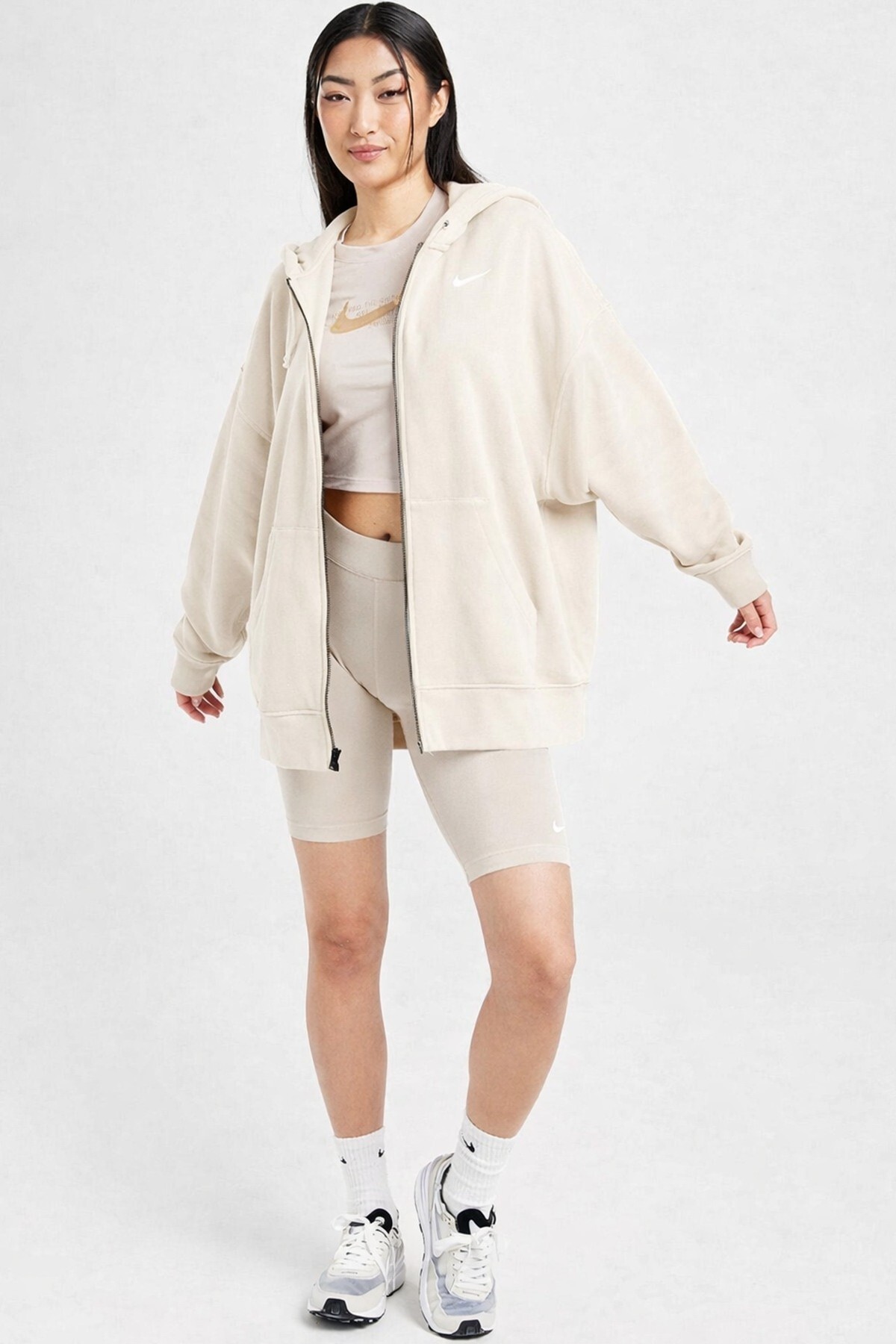Nike Sportswear Essentials Oversize Fleece Full Zip Hoodie Kadın Oversize Kapüşonlu Sweatshirt Krem görsel 4