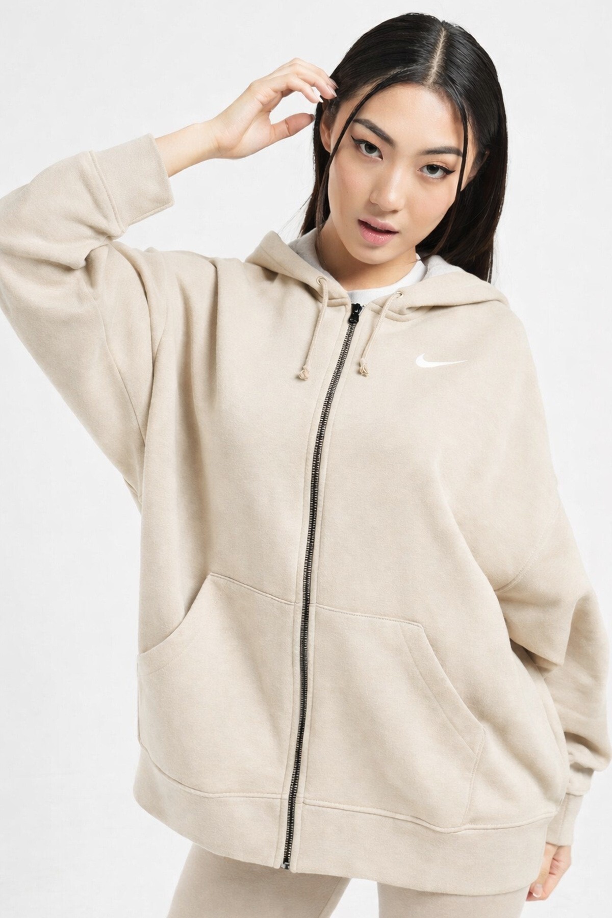 Nike Sportswear Essentials Oversize Fleece Full Zip Hoodie Kadın Oversize Kapüşonlu Sweatshirt Krem