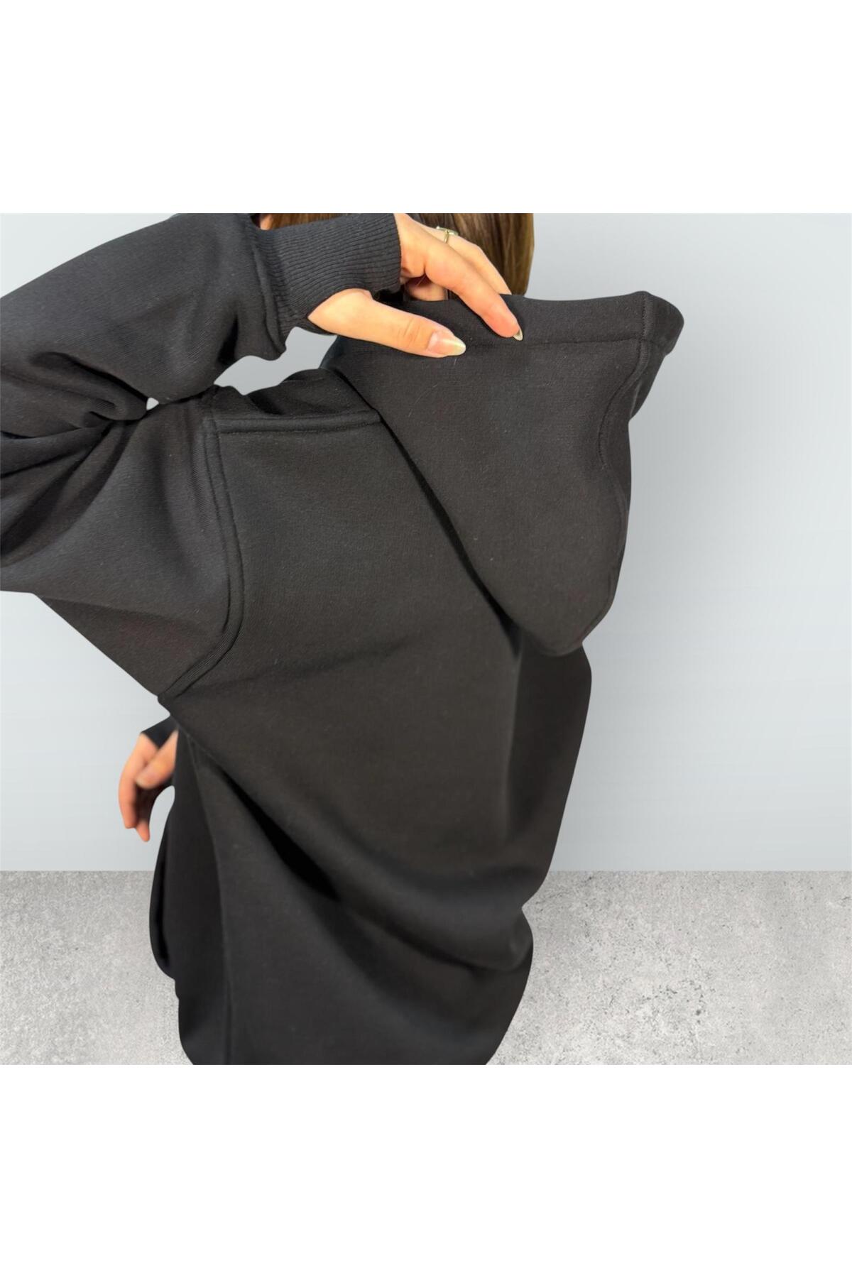 Siyah Parmak Detaylı Oversize İçi Polarlı Sweatshirt — مشکی 0003 — تصویر 4 از 4