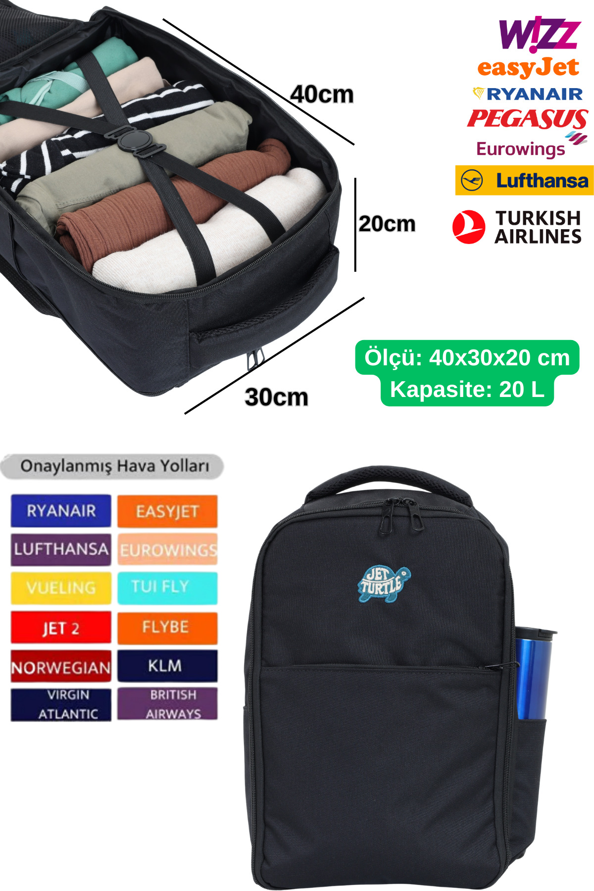 Jet Turtle  Seyahat Sırt Çantası 40cm 40x30x20 cm Pegasus, Wizz Air, Ryanair, El Valizi Koltuk Altı Valizi