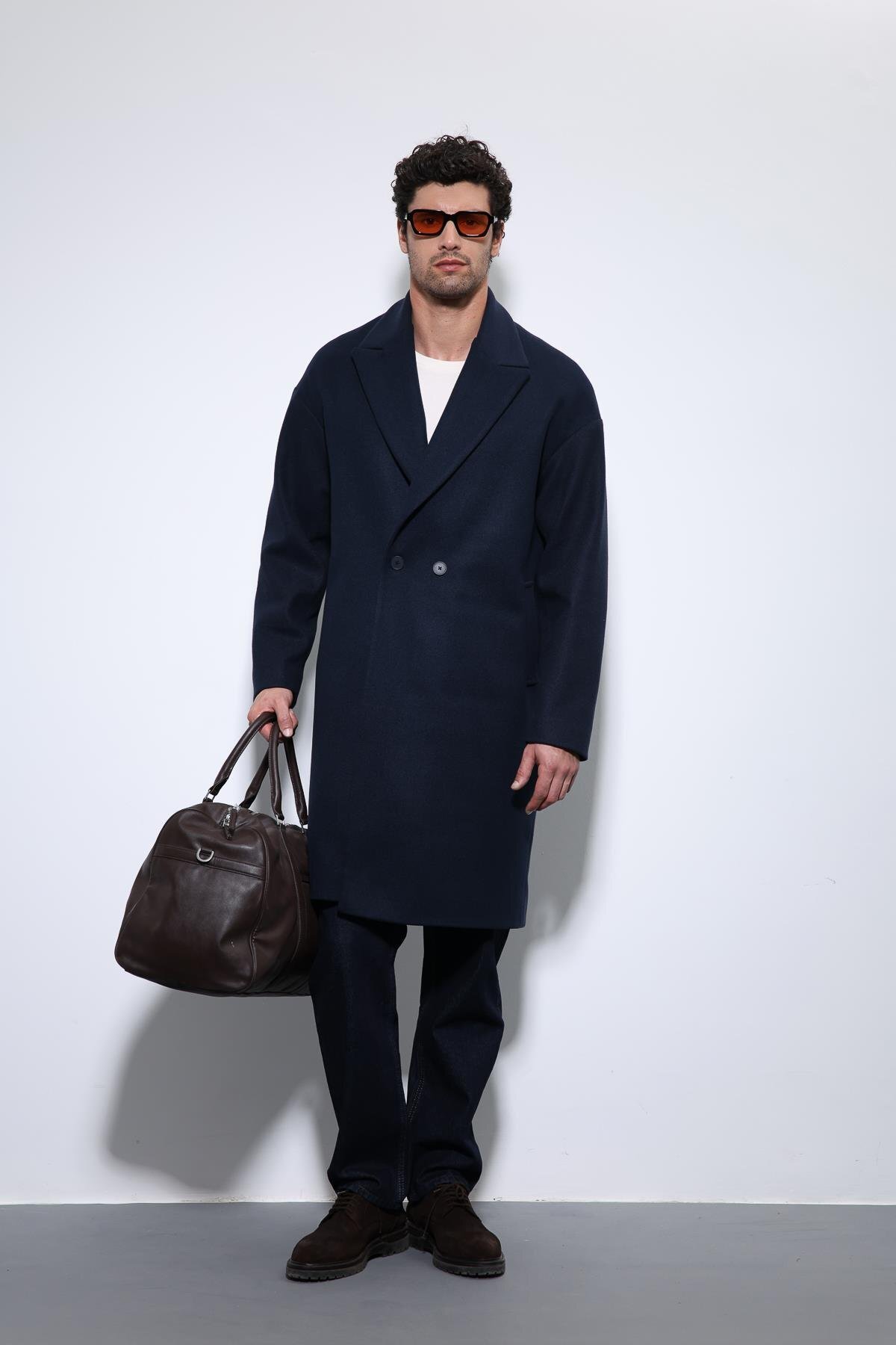 Lacivert Oversize Kruvaze Erkek Kaban — سرمه‌ای A23Y6162 — تصویر 3 از 6
