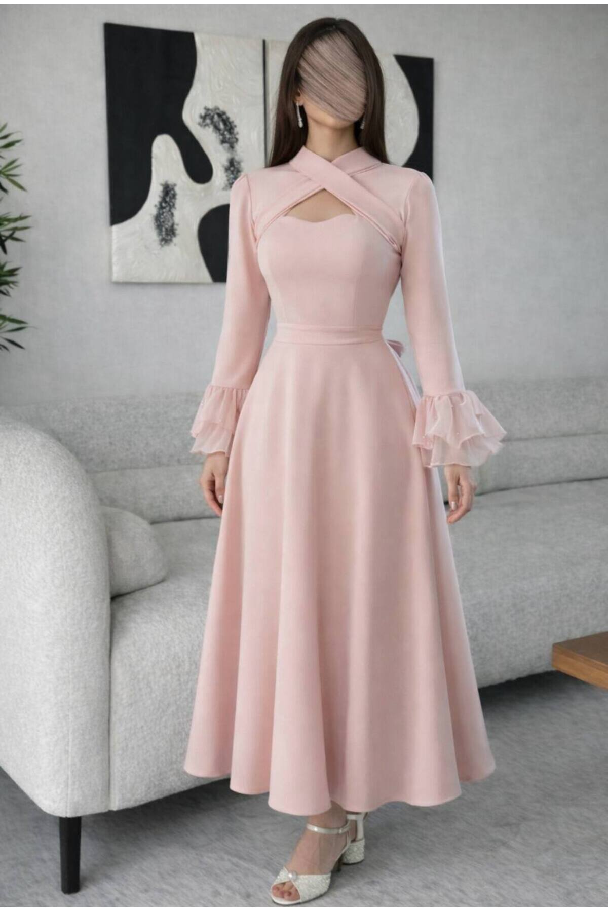 Calissa Store فستان ناعم وردي باكمام منفوشه وجميله