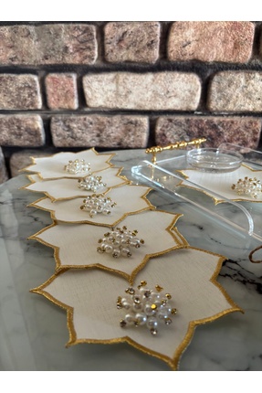 MİNOZA 6 Adet İnci Broşlu Yıldız Model Gold Nakışlı Kokteyl & Kahve Yanı Sunu...
