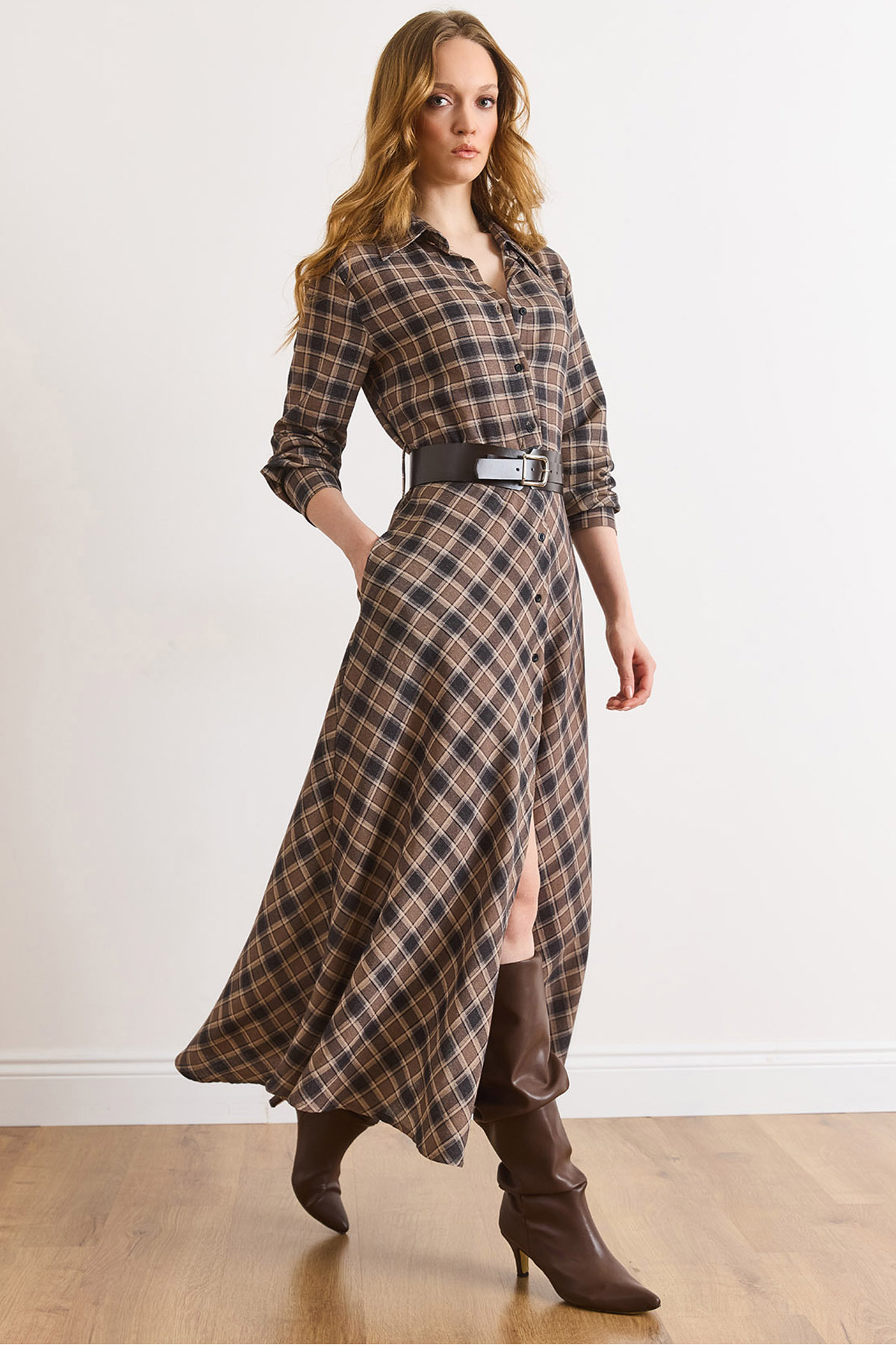 Olalook Women's Taupe Pocketed Belted Plaid Polyviscose Maxi Drapey Dress ELB-19002584