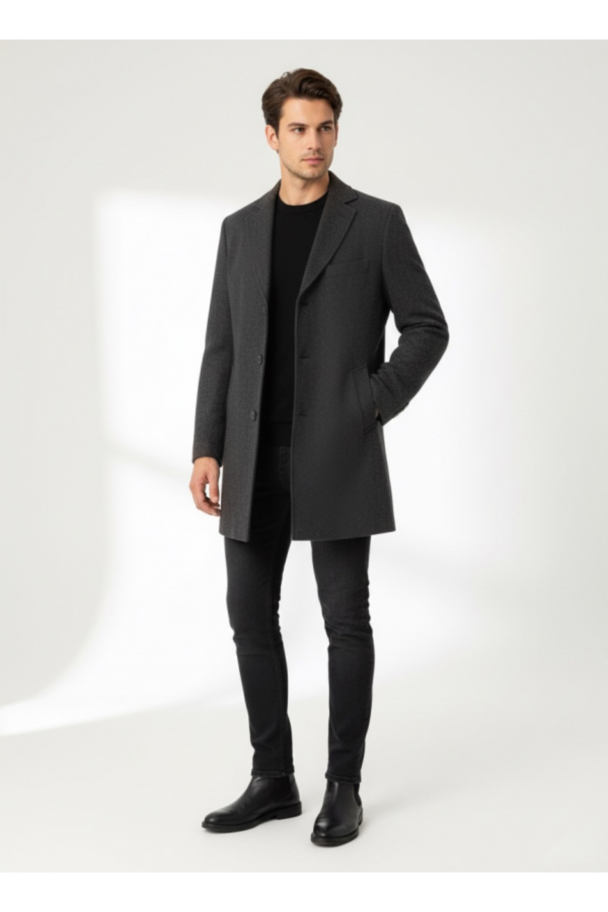 SÜVARİ  Slim Fit Sivri Yaka Erkek Koyun Yünlü Kaban