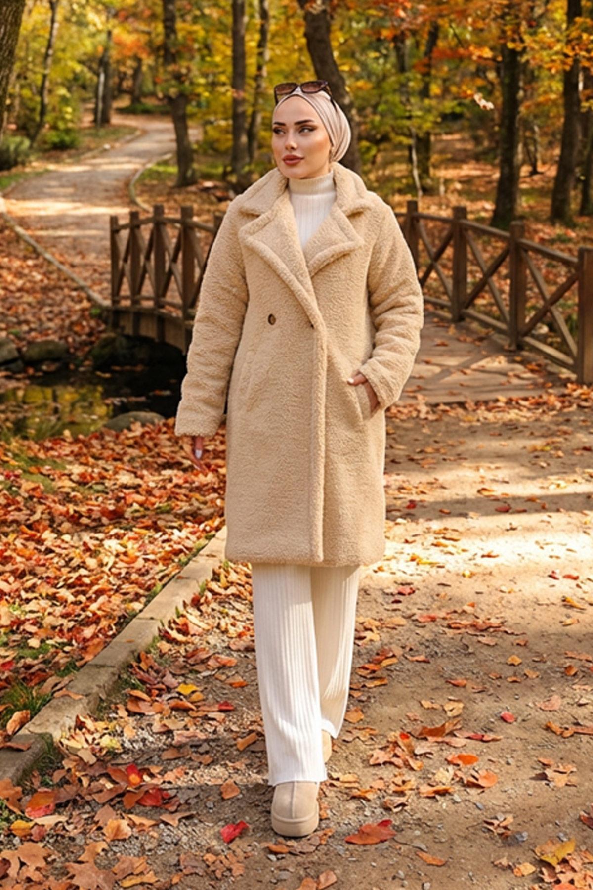 hafsamina  İki Düğmeli Peluş Mont Bej HM262506 - Görsel 3