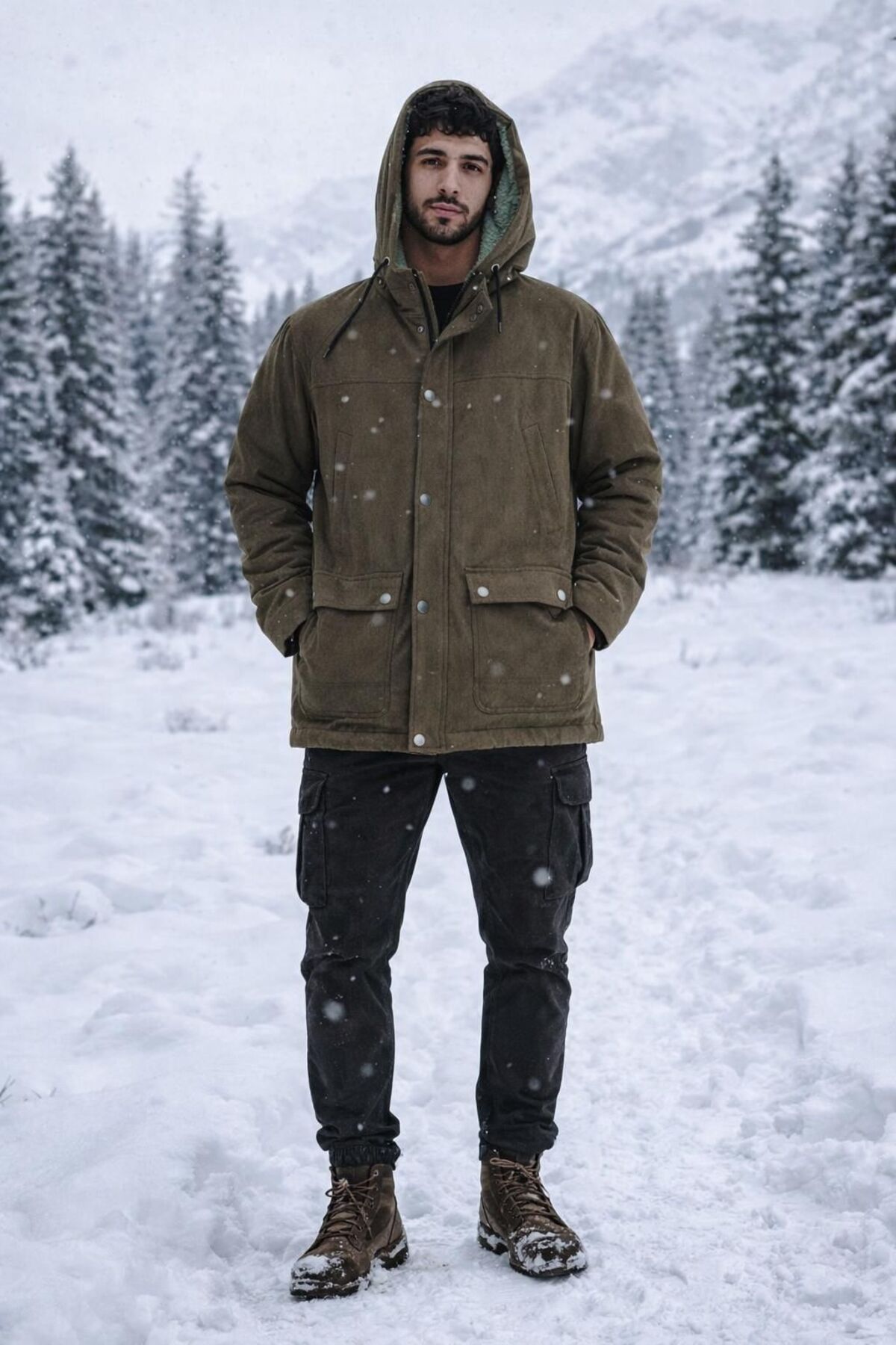 ayza butik  Erkek Haki Kapüşonlu Kürk Astarlı Su Geçirmez Kaplamalı Kalın Kaban - Görsel 3