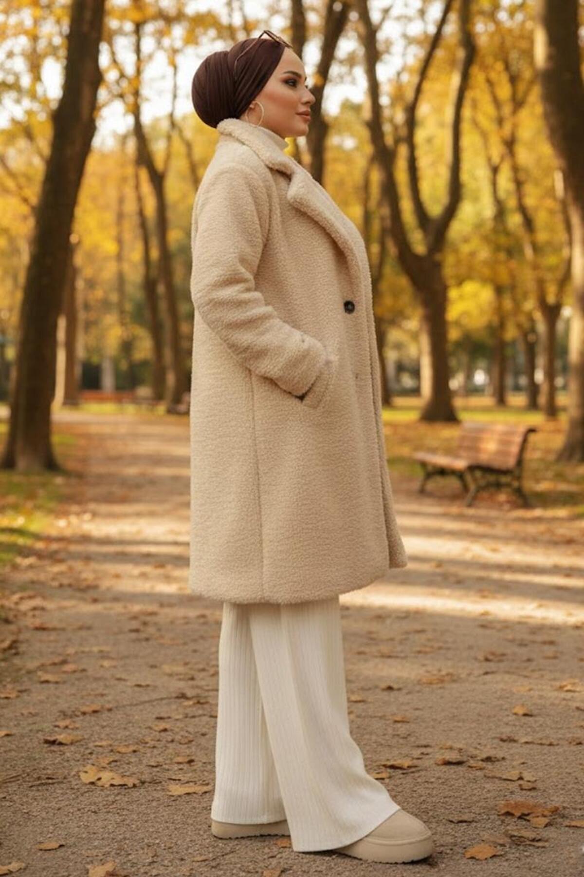 hafsamina  İki Düğmeli Peluş Mont Bej HM262506 - Görsel 7