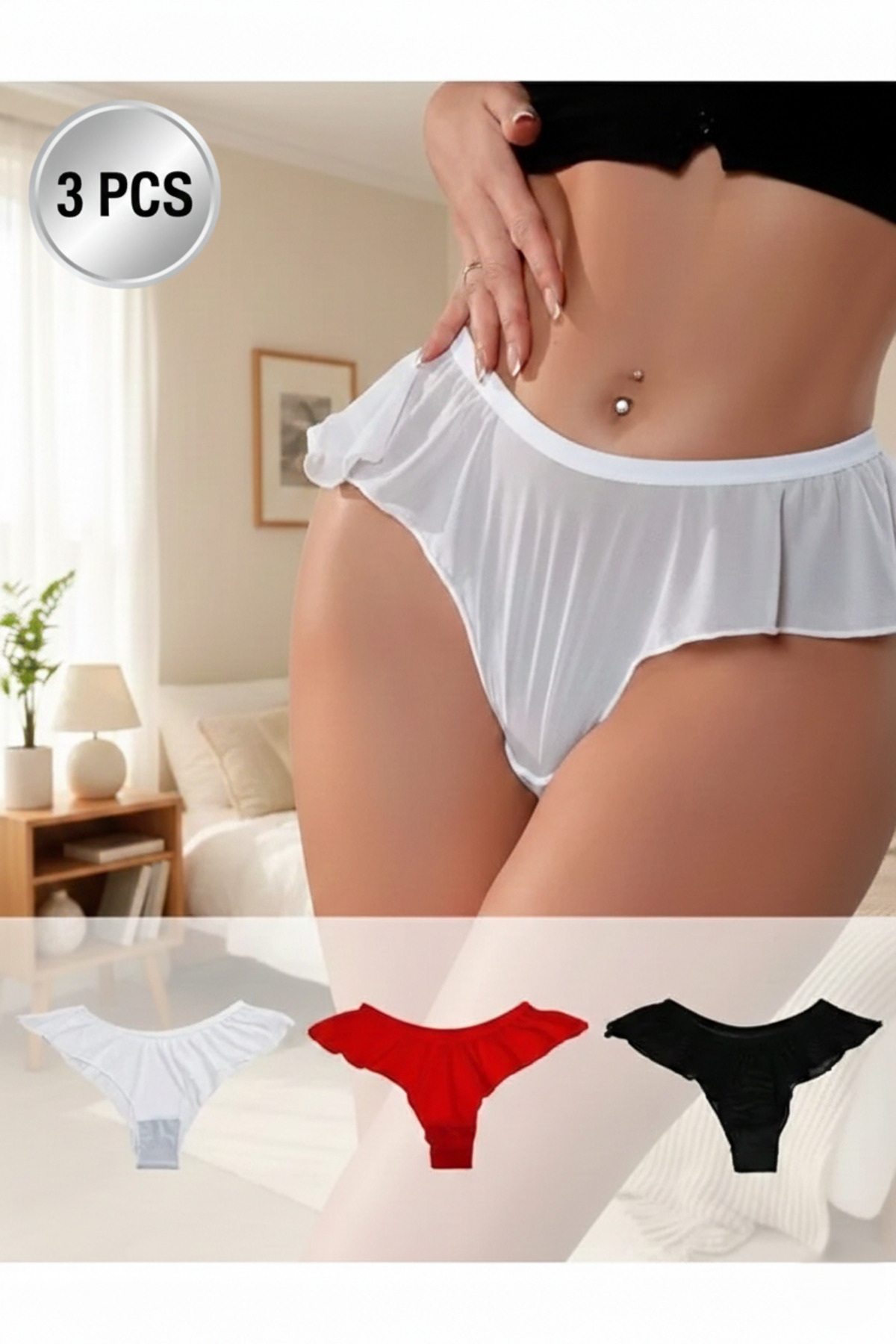 Fırfır Detaylı Tül Tanga Külot Seti 3'lü Paket