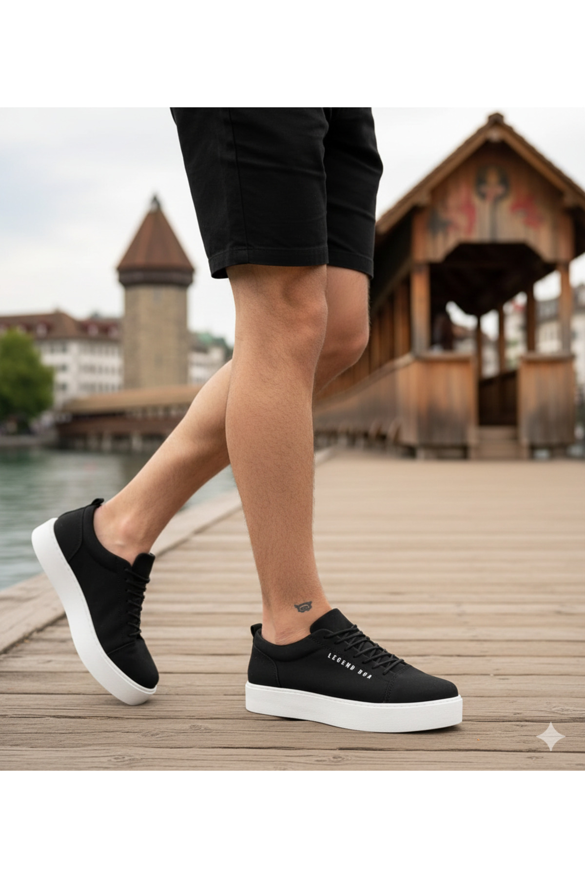 Erkek Siyah Beyaz Bağcıklı Cilt Deri Klasik Ayakkabı Günlük Spor Şık Yüksek Düz Taban Rahat Sneaker — مشکی VELBOA104 — تصویر 6 از 8