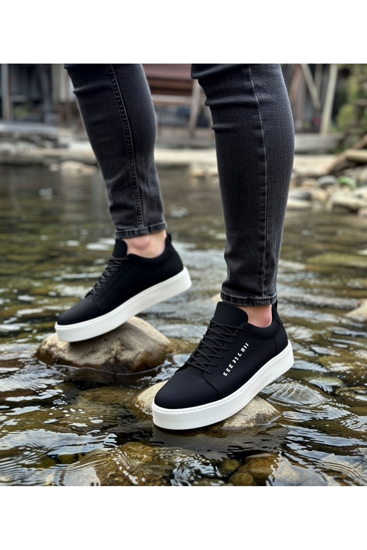 Erkek Siyah Beyaz Bağcıklı Cilt Deri Klasik Ayakkabı Günlük Spor Şık Yüksek Düz Taban Rahat Sneaker — مشکی VELBOA104 — تصویر 7 از 8