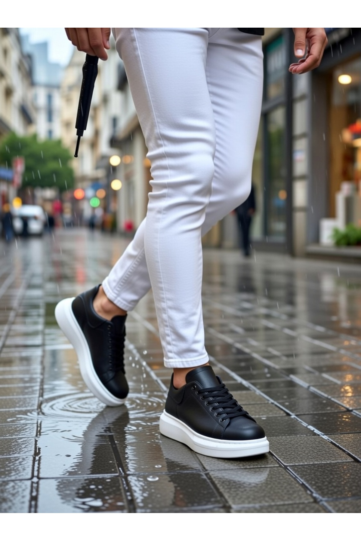 Erkek Siyah Beyaz Günlük Bağcıklı Spor Ayakkabı Yüksek Kalın Taban Rahat Konforlu Tarz Sneaker — مشکی VELBOA547 — تصویر 3 از 6