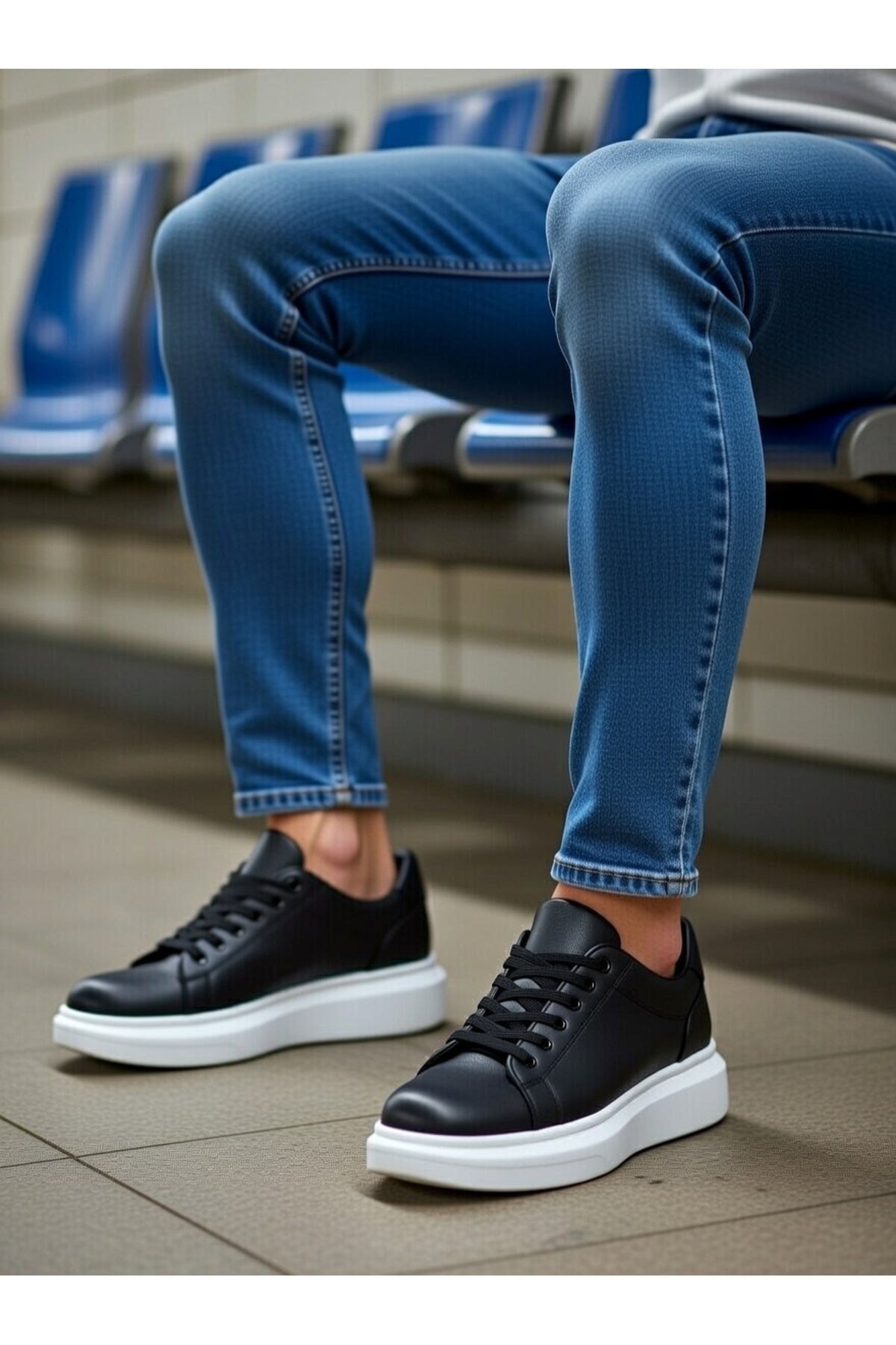 Erkek Siyah Beyaz Günlük Bağcıklı Spor Ayakkabı Yüksek Kalın Taban Rahat Konforlu Tarz Sneaker — مشکی VELBOA547 — تصویر 6 از 6