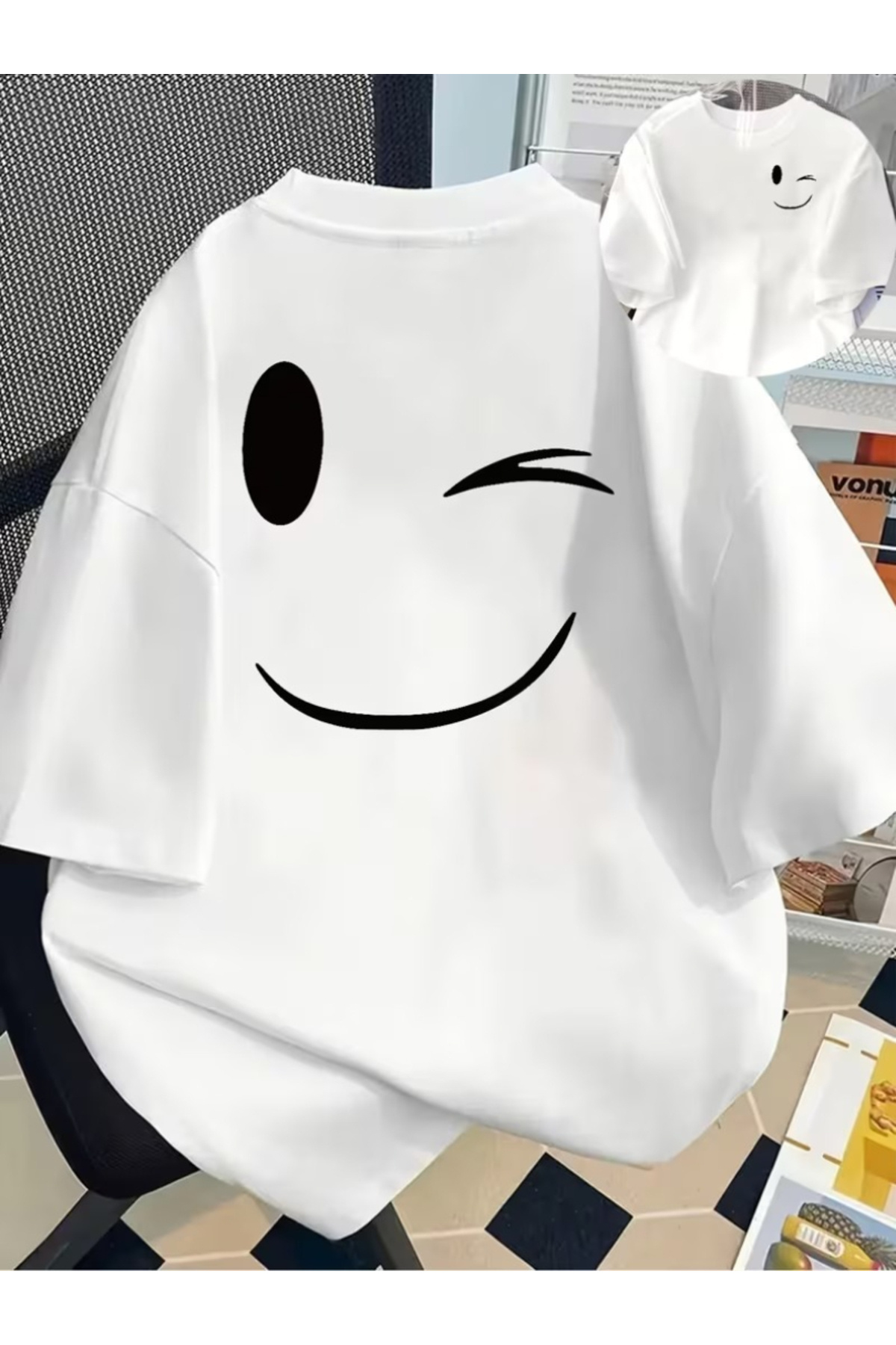 gencerco Unisex Μπλουζάκι με σχέδιο χαμογελαστού προσώπου διπλής όψης, βασικό...