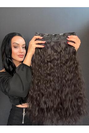 Suzan Peruk Koyu Kestane Kıvırcık Yarımay +2 yan çıtçıt saç ^3 parça tam set-...