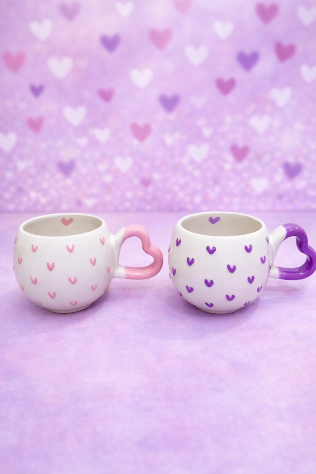 2-Piece Heart Handle PINK-PURPLE inner HEART DETAILED Custom Embossed Fully Hand Embroidered Ceramic Mug