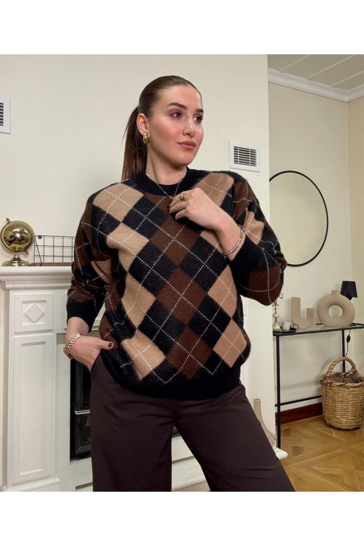 Dilasu Triko  Şerit detaylı Küçük Baklava desenli kazak Siyah