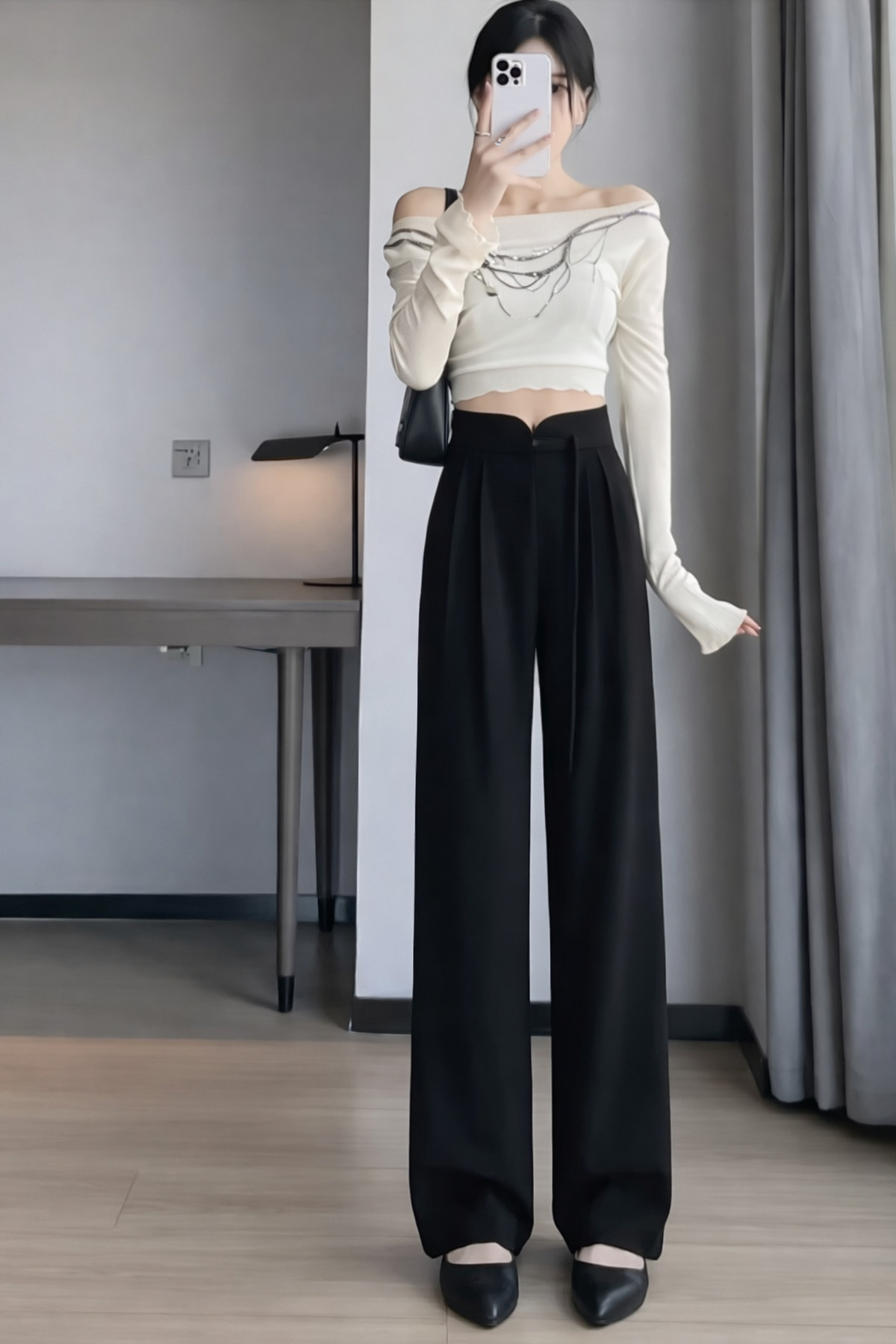 Hazel  Kadın Siyah Arkası Lastikli İp Bağlama Detaylı Yüksek Bel Palazzo Pantolon - Görsel 3