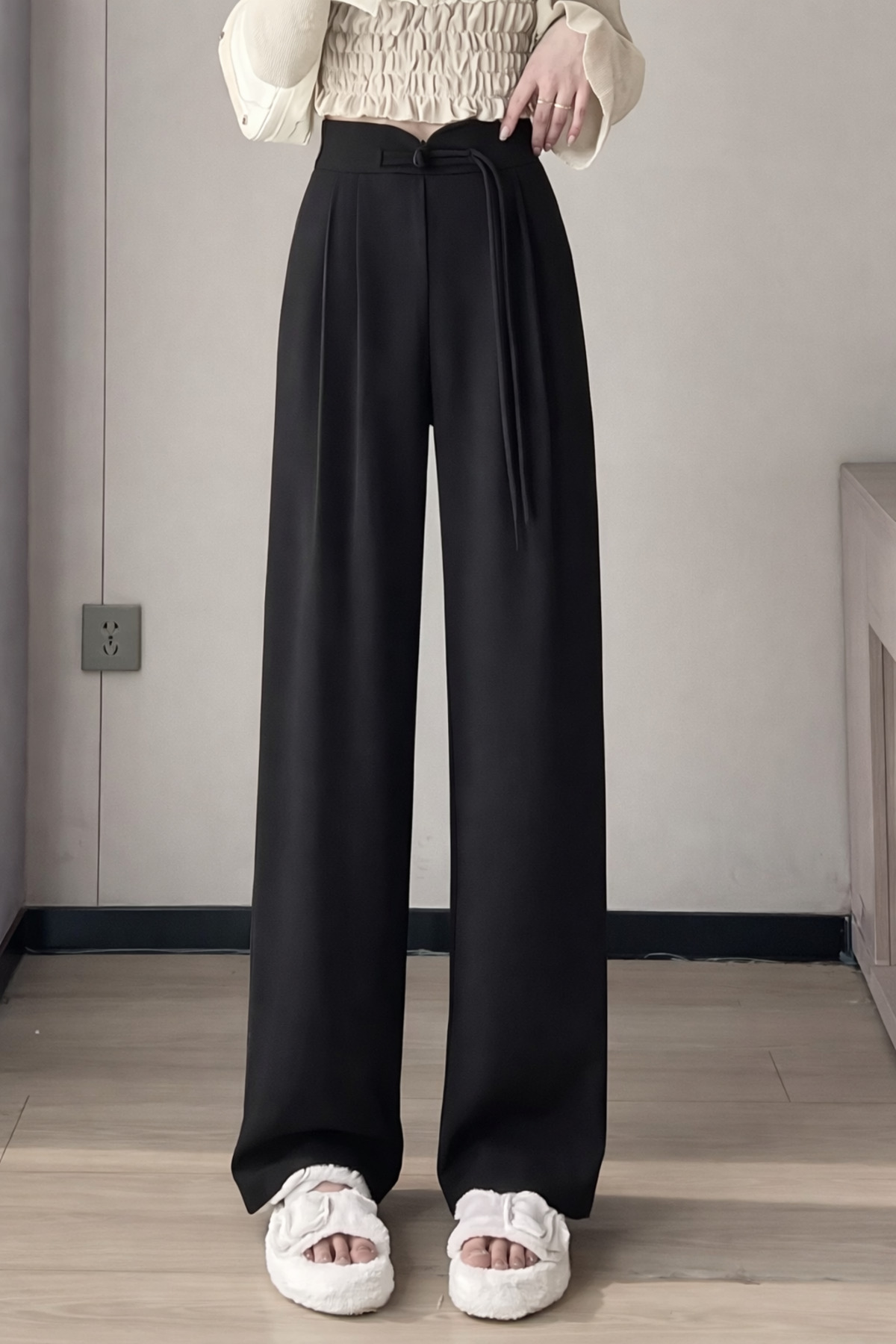 Hazel  Kadın Siyah Arkası Lastikli İp Bağlama Detaylı Yüksek Bel Palazzo Pantolon - Görsel 2