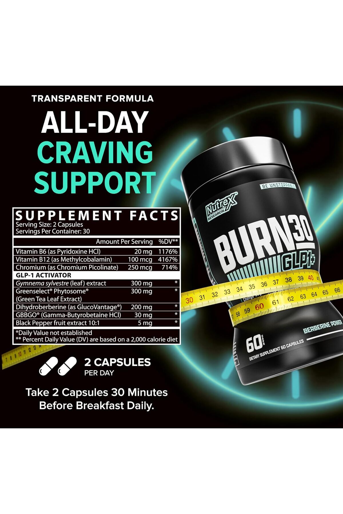Nutrex BURN30 GLP-1 Carnitine Berberine Weight Management Appetite