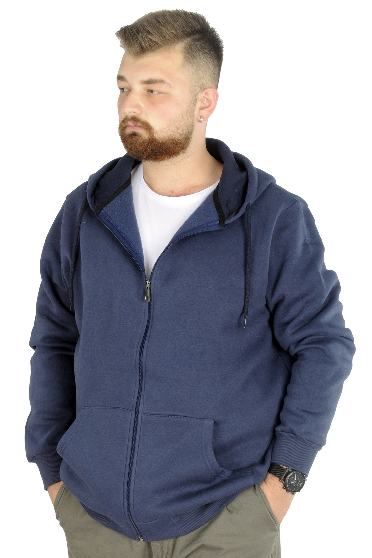 ModeXL Mode XL Erkek Sweatshirt Kapşonlu Zippered Basic 20543 İndigo