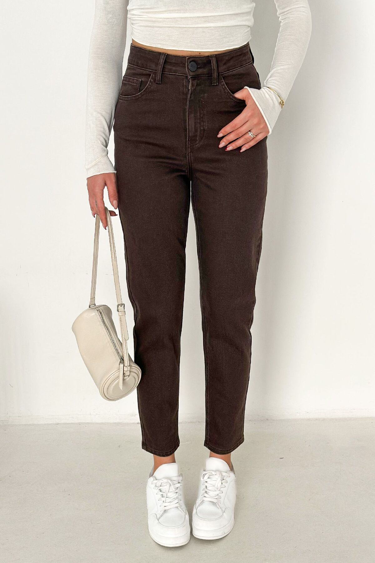 HLT JEANS  Kahverengi Kadın Likralı Mom Jean Yüksek Bel Esnek Kot Pantolon ANNA-2074 - Görsel 2