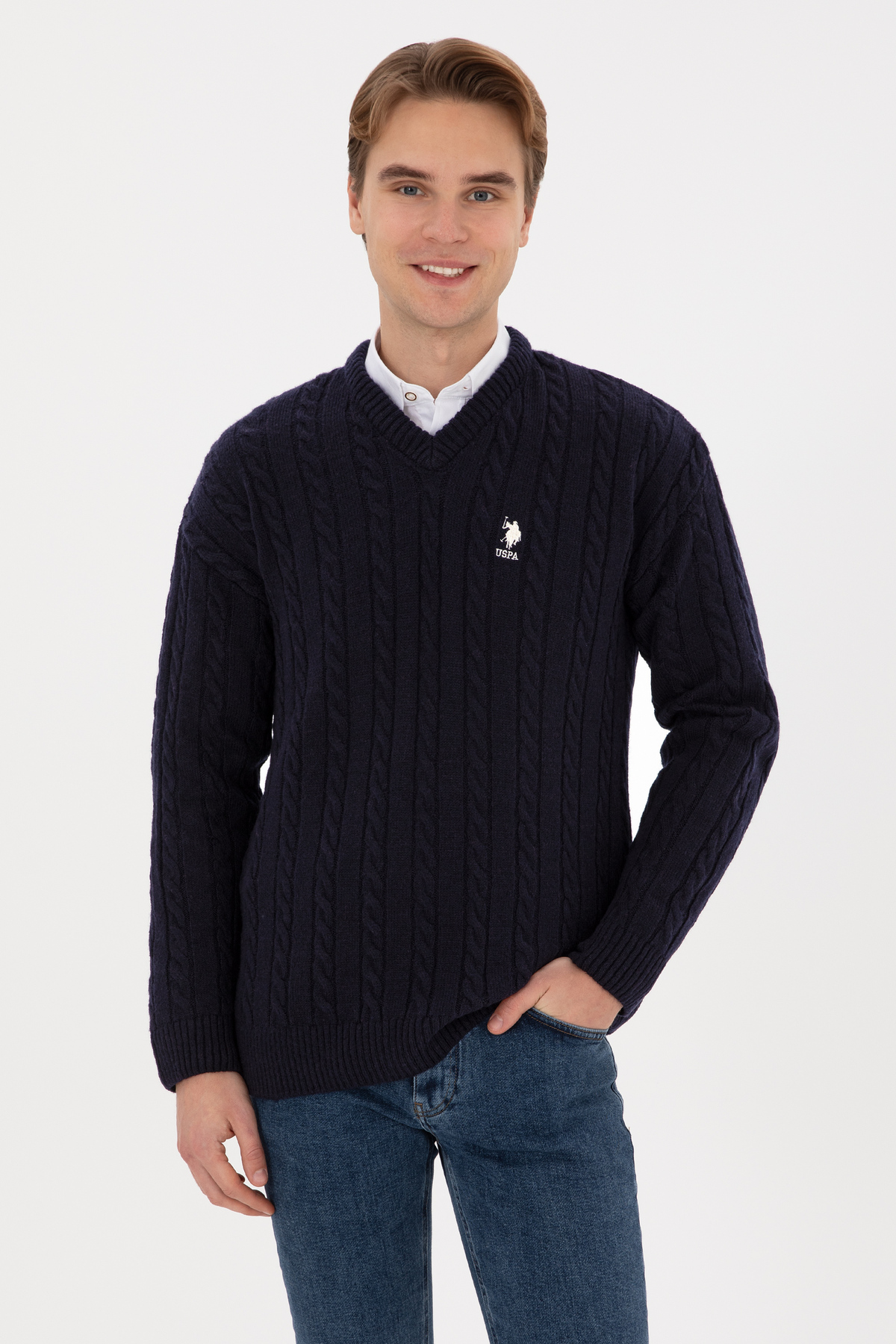 یو اس پولو ژاکت مردانه یقه هفت راحتی سرمه‌ای رنگ 50315038-VR033