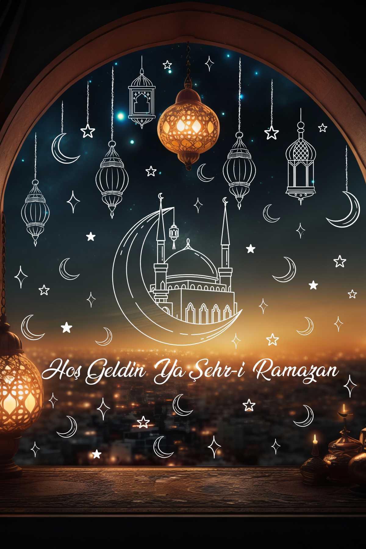 Ramadan Glass Sticker Set Double-Sided Mosque And Pendant Lanterns Home And Showcase Ornament