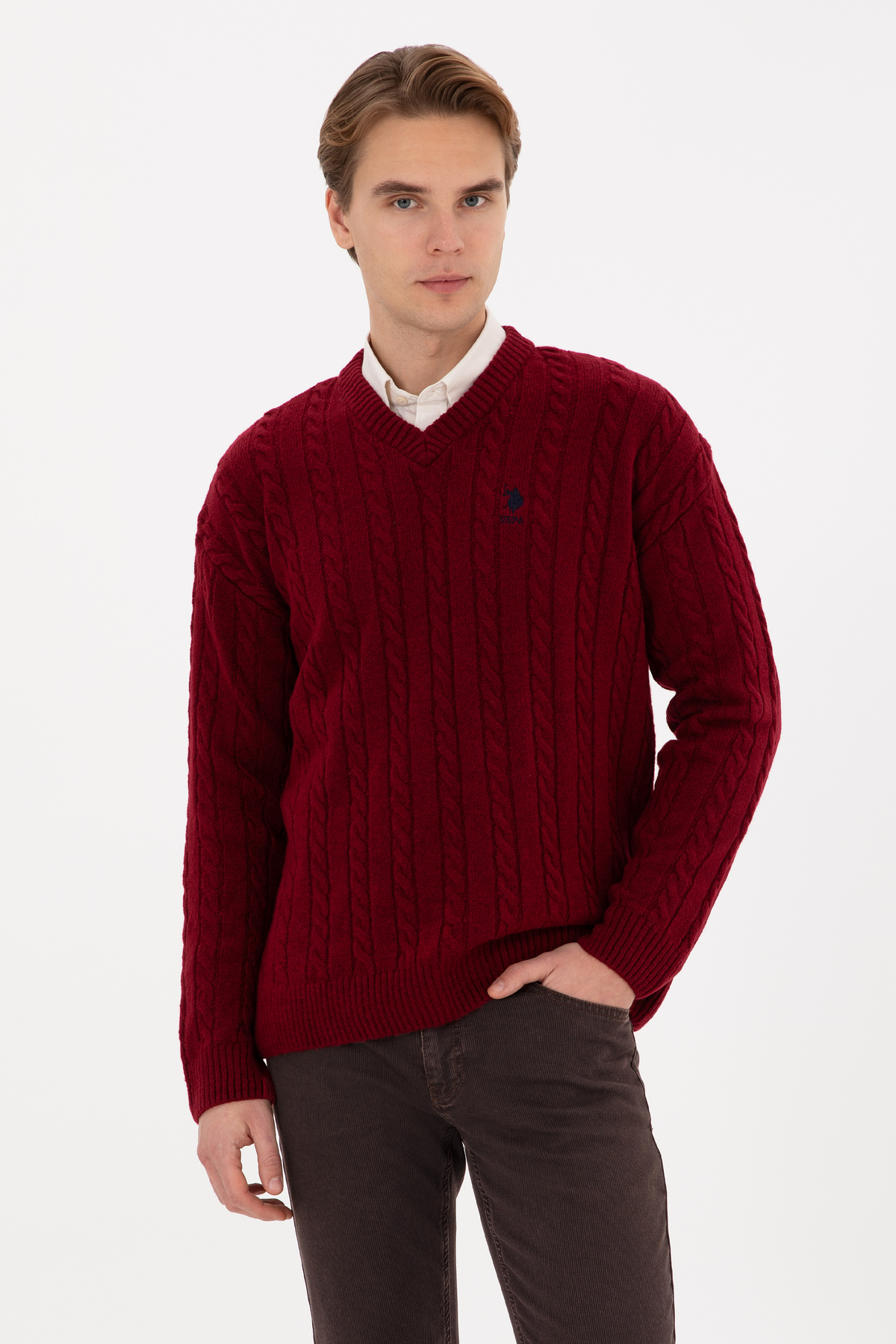 U.S. Polo Assn. Erkek Bordo Comfort Fit V Yaka Kazak 50315038-VR014 — قرمز