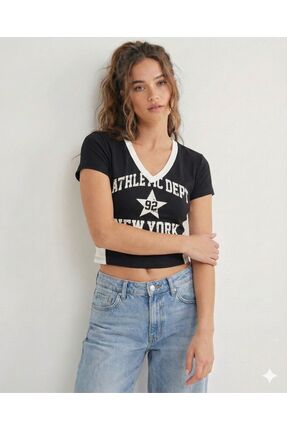 FAVORİST Kadın V yaka NEWYORK 92 Baskılı Penye Likralı CROP T-shirt