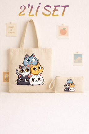Maki Craft Kampanyalı 5’li Sevimli Kedi Baskılı Bez Çanta & Fermuarlı Bez Kal...