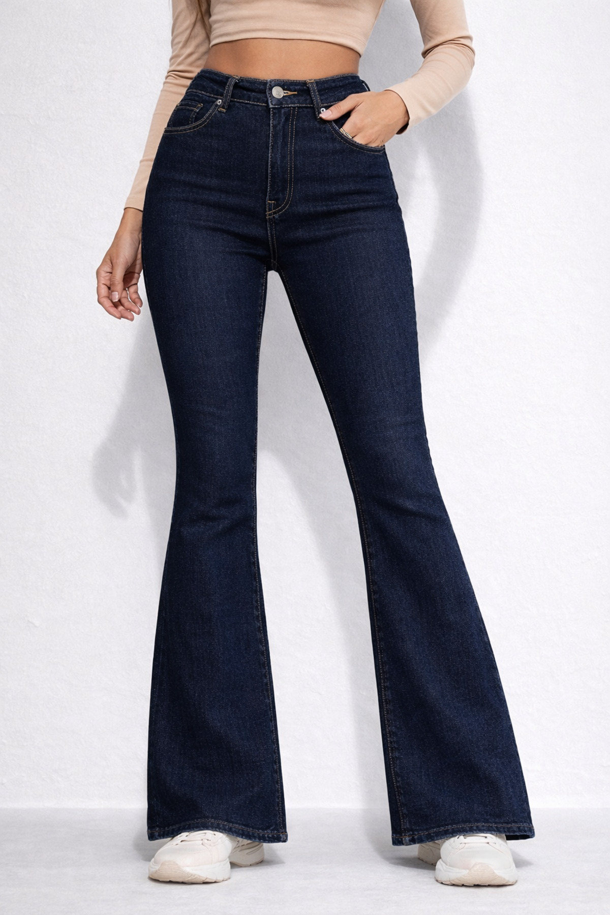By Caspita Fashion  Kadın Yüksek Bel Power Likra Ultra Esnek Toparlayıcı Lacivert İspanyol Paça Jean - Görsel 5
