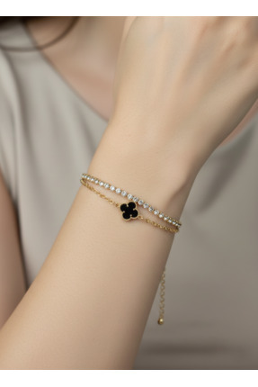 Elmosia Jewelry 14K Altın Kaplama Siyah Taşlı Yonca Gold Kadın Bileklik – Şan...