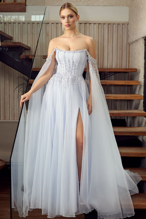 ÖMÜR INN Kadın Straplez Payet İşlemeli Kolları Pelerin Detaylı Uzun Abiye Elb...