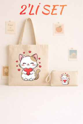 Maki Craft Kampanyalı Kalpli Sevimli Kedi Baskılı Bez Çanta & Fermuarlı Bez K...
